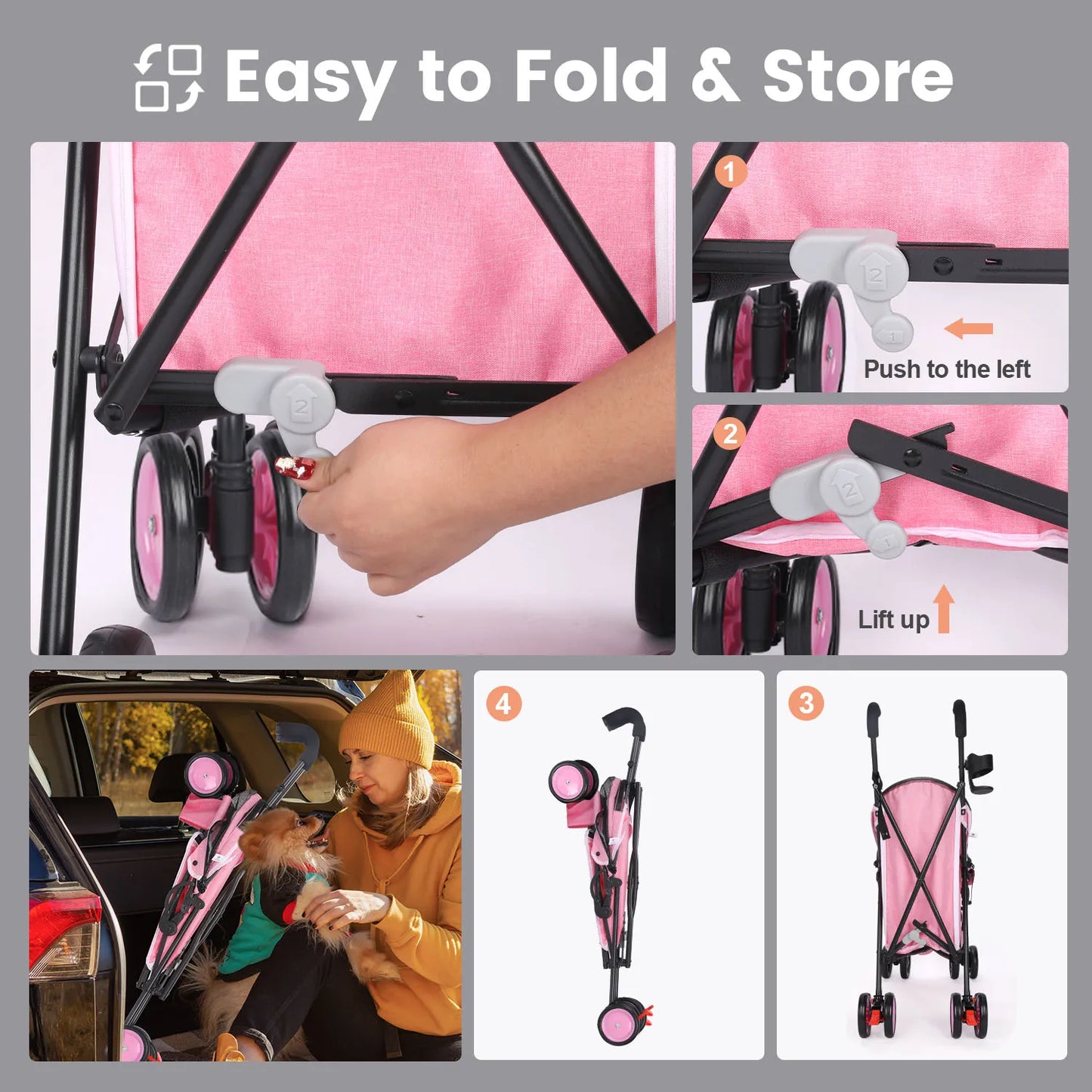 Cat, Dog Travel Stroller, With Wheels, Brakes, & Storage