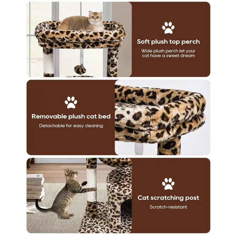Leopard Print Cat Tower with Scratching Post, Padded Perch, Kitty Condo