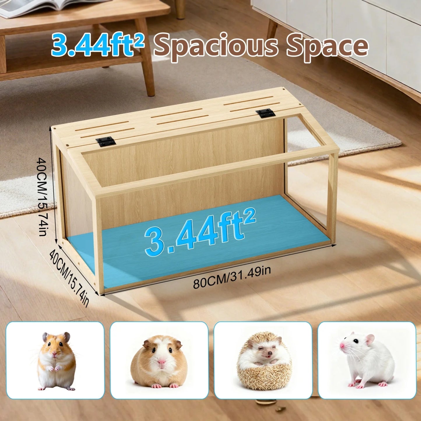60/80CM Wooden Hamster Cage, LED Light