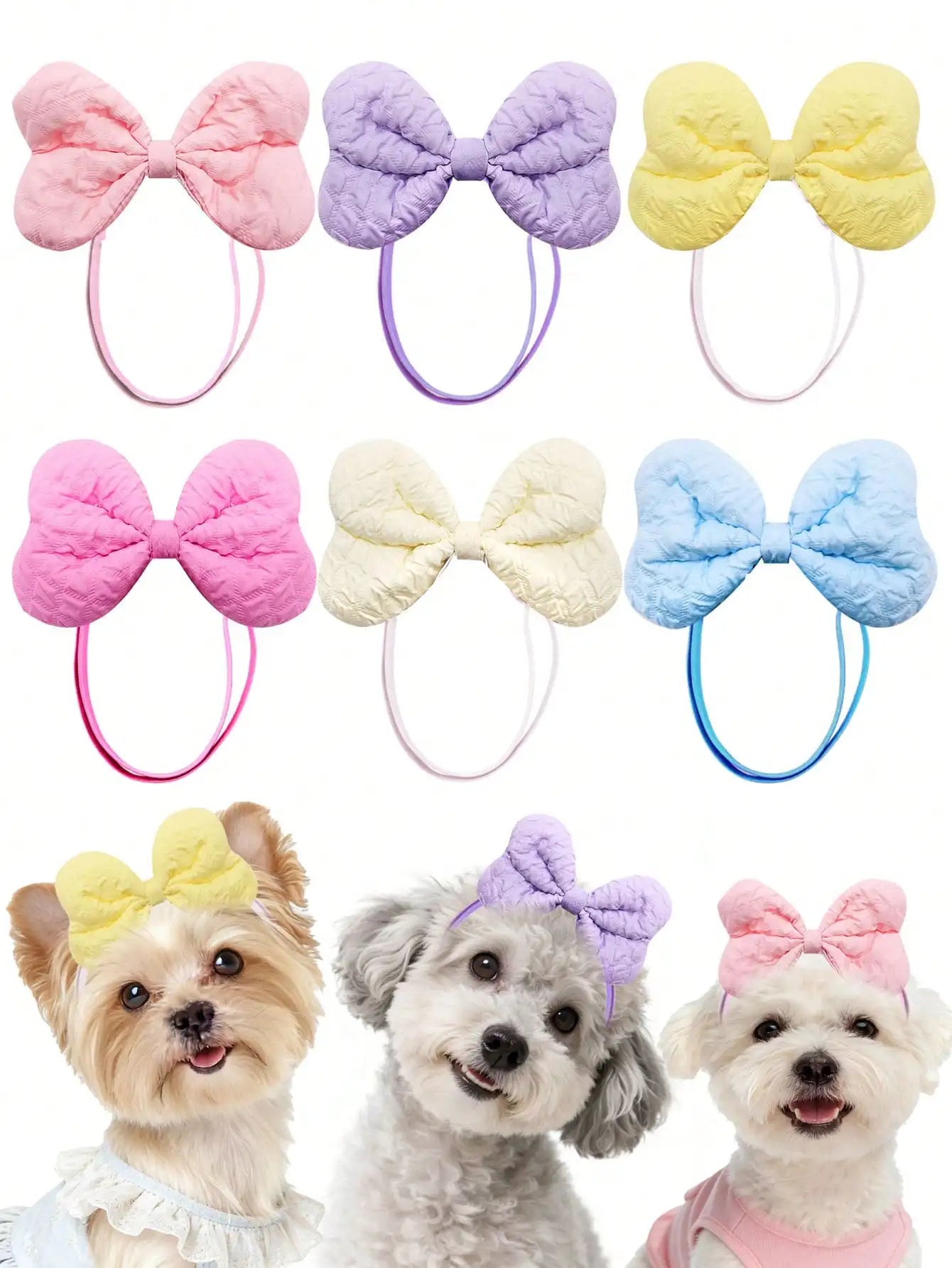 3/10 Pcs Quilted Bow Hair Bands, Dogs & Cats