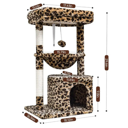 Leopard Print Cat Tower with Scratching Post, Padded Perch, Kitty Condo