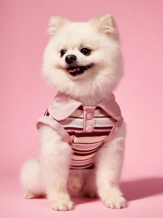 Pink Striped Knit Polo Shirt, Collar and Buttons for Dogs