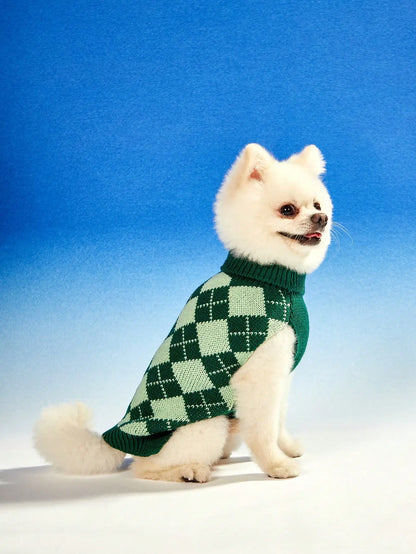 Green Argyle Knit Sweater, Autumn ,Winter, Dogs