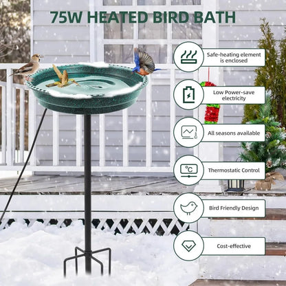 75W Heated Bird Bath with Thermostat, Deep Bowl & Metal Pole for All Seasons - Green