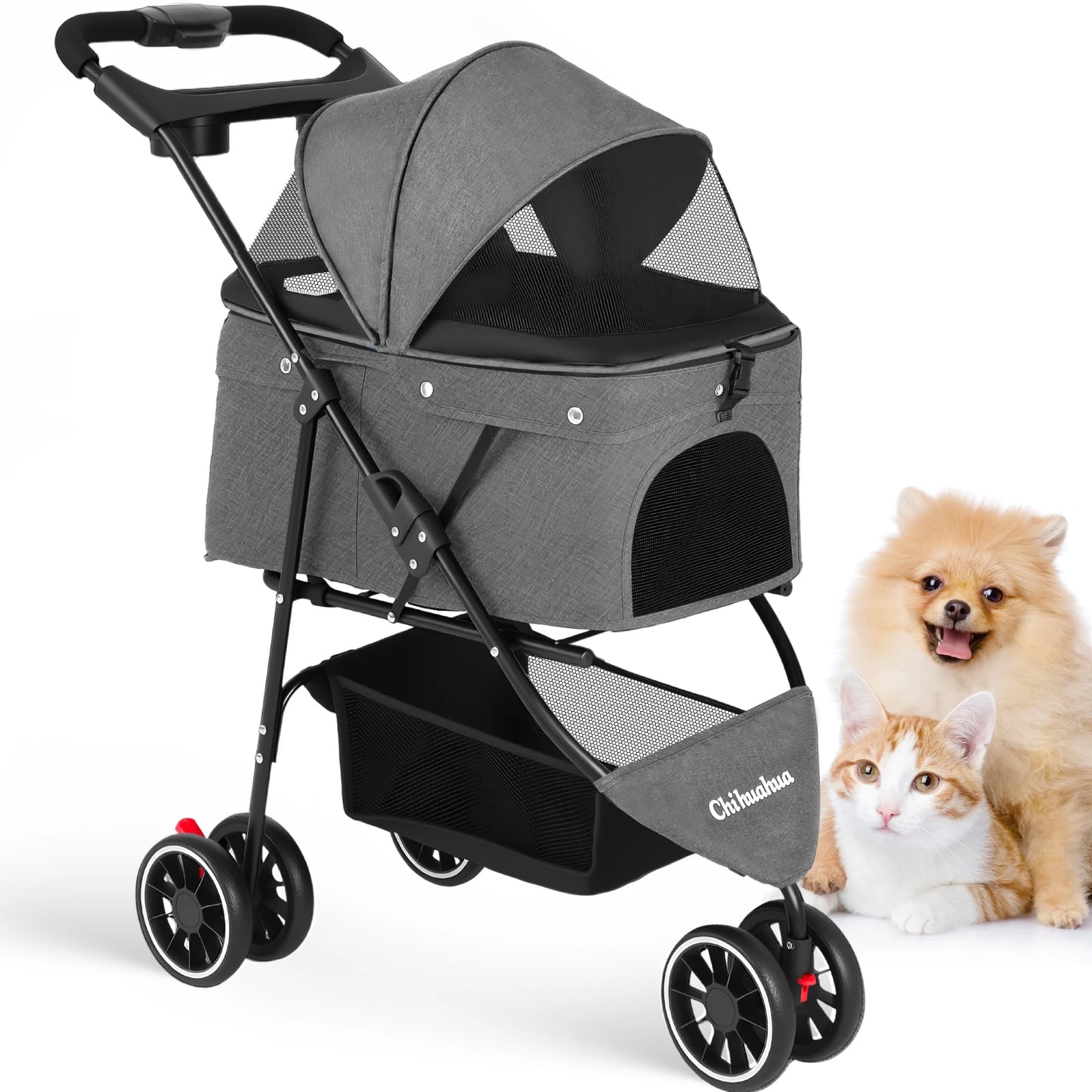 Portable Dog- Cat Stroller, 3 Wheels, Foldable