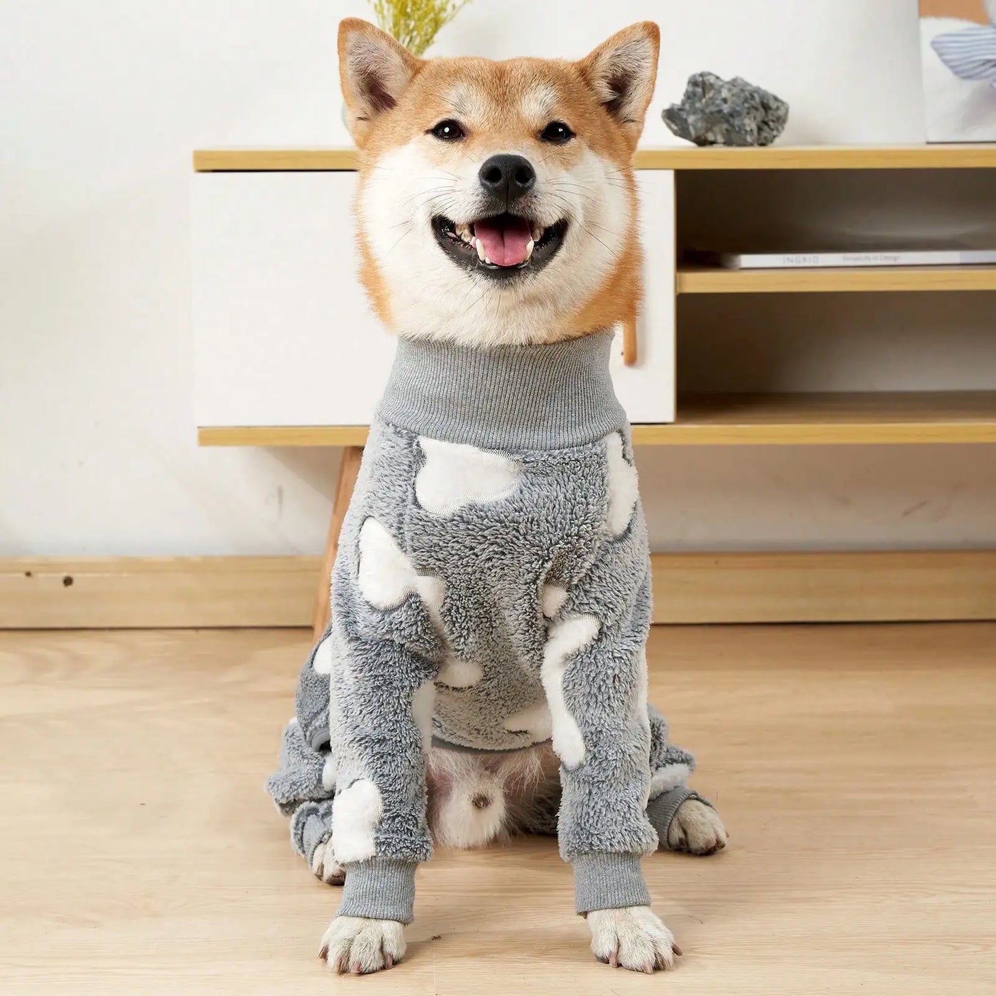 Fleece Dog Pajamas, Gray Bone Print, Small - Large Dogs