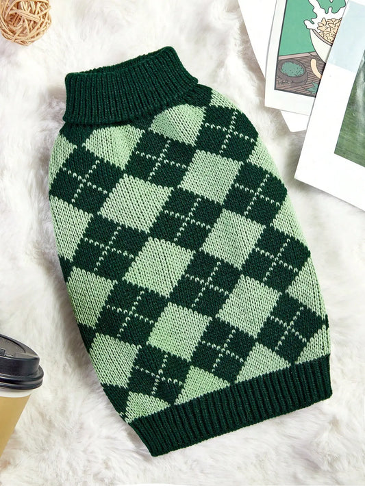 Green Argyle Knit Sweater, Autumn ,Winter, Dogs
