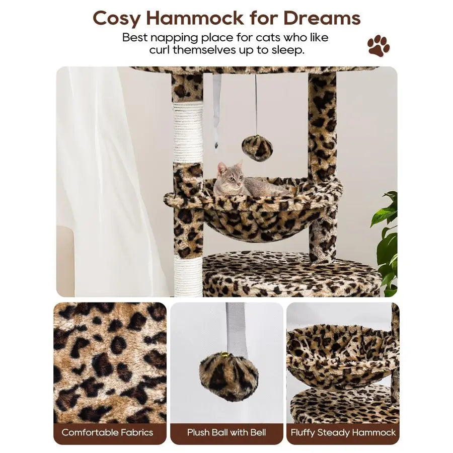 Leopard Print Cat Tower with Scratching Post, Padded Perch, Kitty Condo