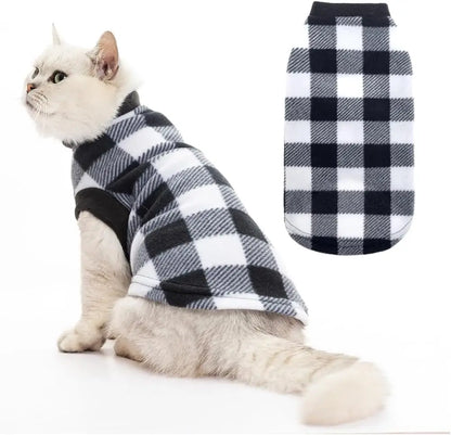 EXPAWLORER Plaid Cat Sweater Warm Fleece Hoodie Vest for Cats Small Dogs Fall Winter Coat Pullover Buffalo Check Clothing