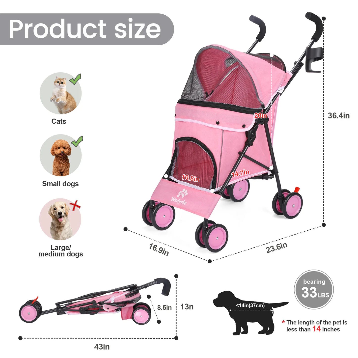 Cat, Dog Travel Stroller, With Wheels, Brakes, & Storage