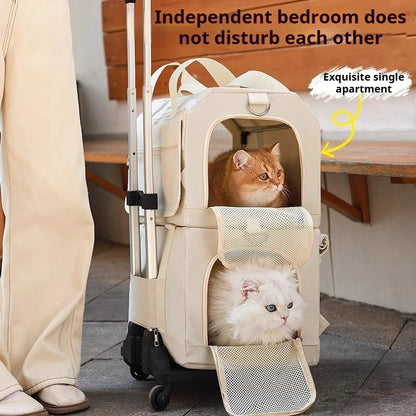 Double Layer Breathable Pet Carrier with Wheels Foldable