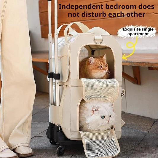Double Layer Breathable Pet Carrier with Wheels Foldable