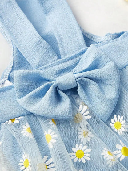 Blue Daisy Print Dress, Bow Tie,  Tulle Skirt