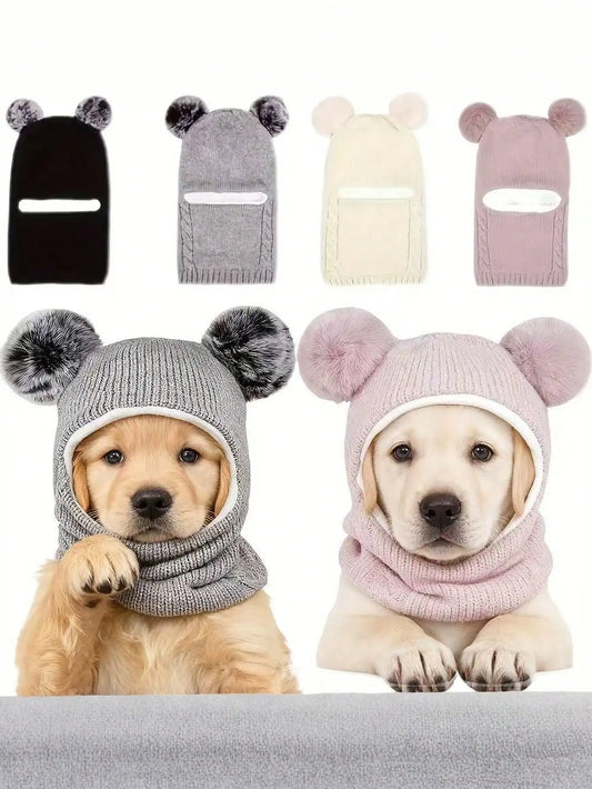 Dog's Warm Winter Hat, Knitted Bear Ear