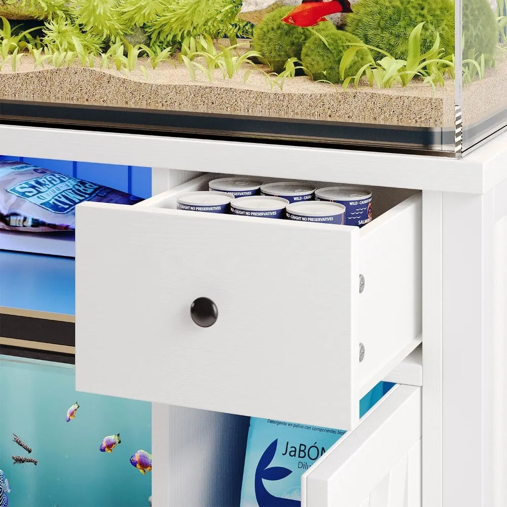75 Gallon Fish Tank Stand with Power Outlets & LED Light, Farmhouse Fish Tank Stand with 2 Drawers and 2 Barn Door, 55-75 Gallo