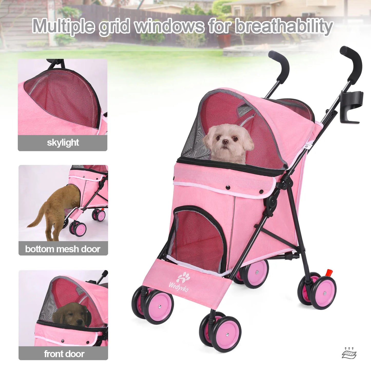 Cat, Dog Travel Stroller, With Wheels, Brakes, & Storage