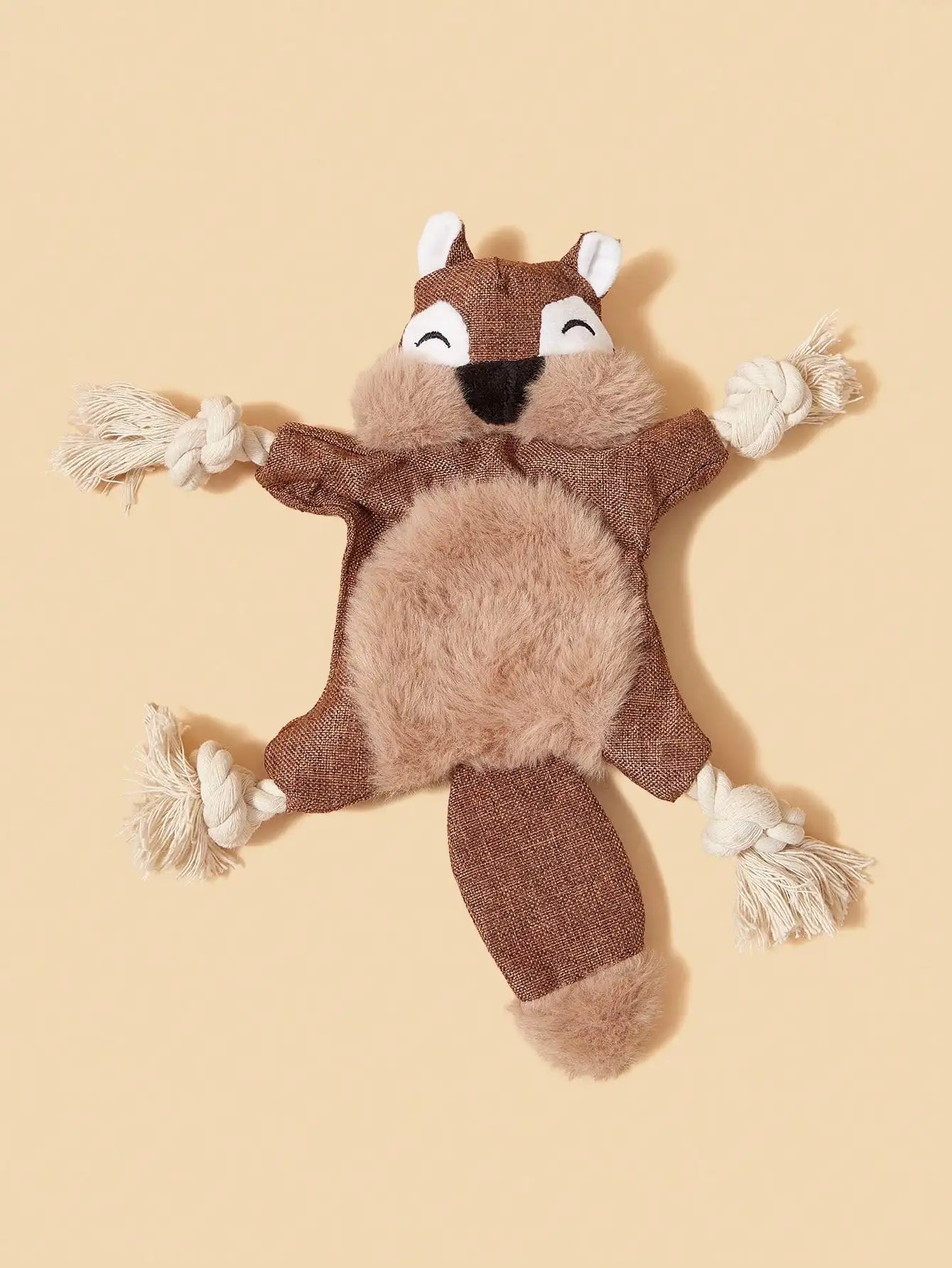 Squirrel-Shaped Dog Toy, Crinkle Sound, Braided Rope Ends