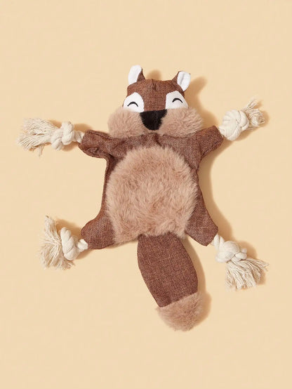 Squirrel-Shaped Dog Toy, Crinkle Sound, Braided Rope Ends