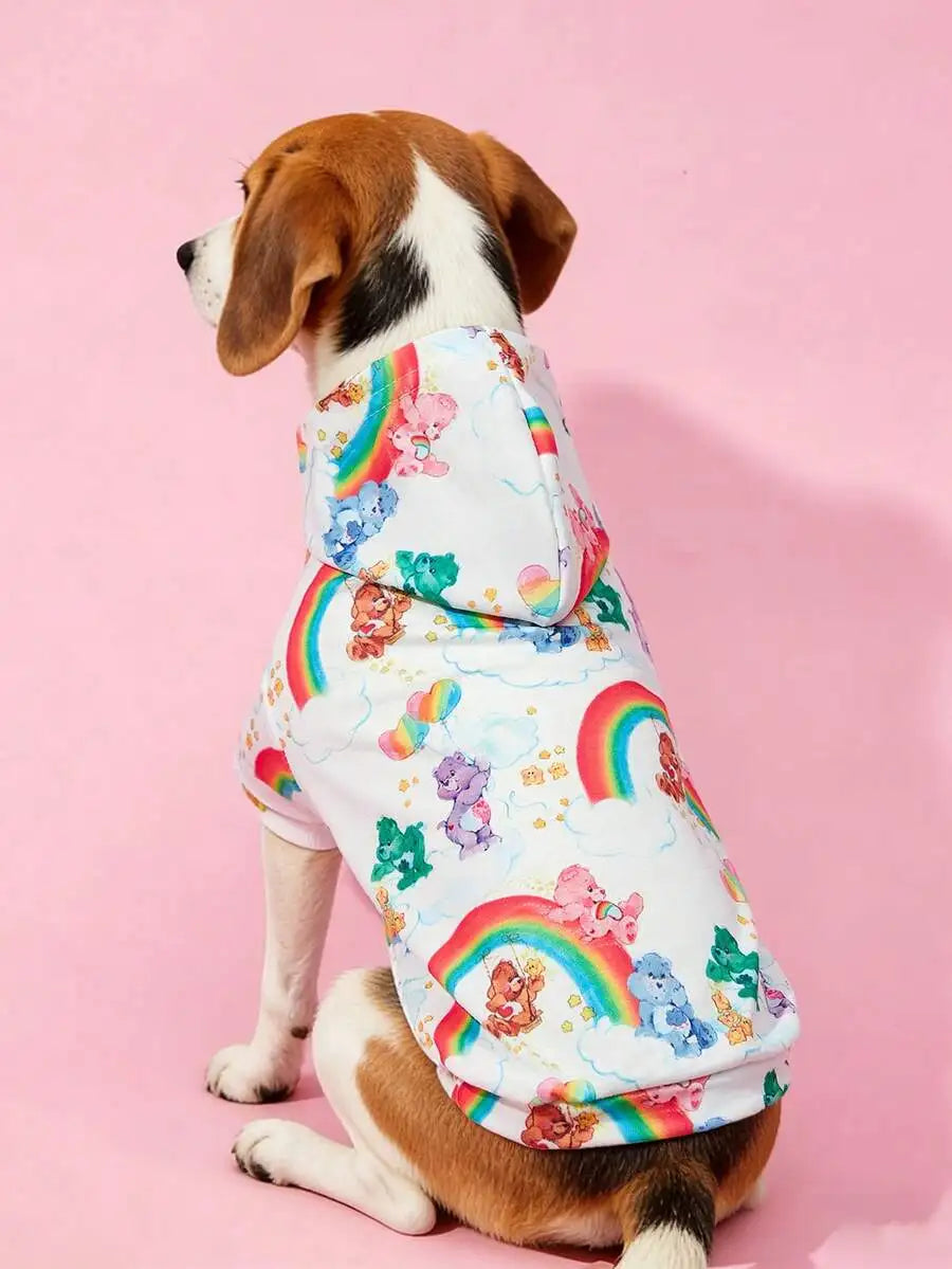 Rainbow Bear Print Hooded Sweatshirt, Cat, Dog, Size XXS-XXXXL