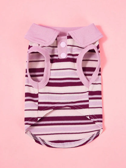 Pink Striped Knit Polo Shirt, Collar and Buttons for Dogs
