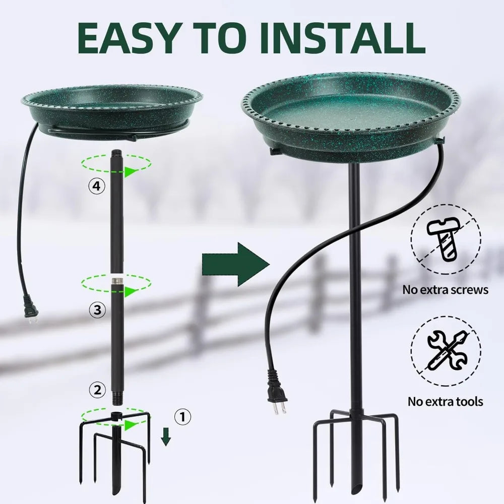 75W Heated Bird Bath with Thermostat, Deep Bowl & Metal Pole for All Seasons - Green