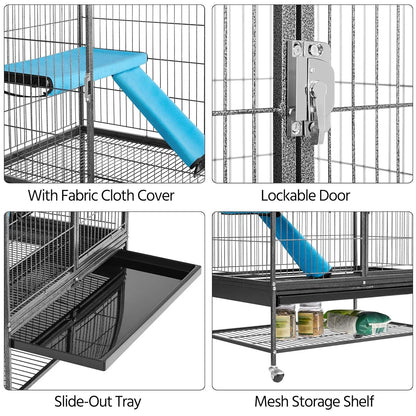 54'' Rolling Cage Large 4-Tiers, Chinchilla, Adult Rats, Guinea