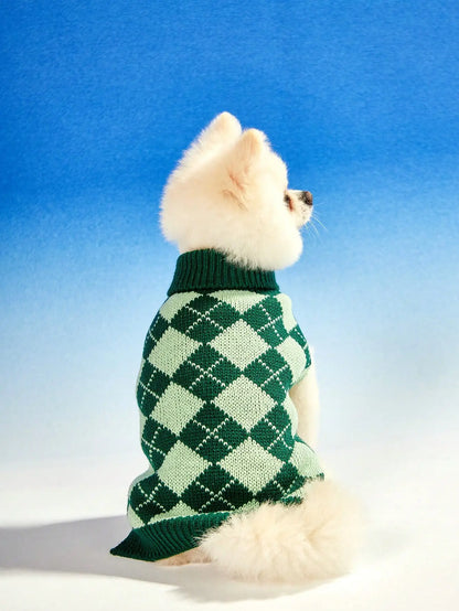 Green Argyle Knit Sweater, Autumn ,Winter, Dogs