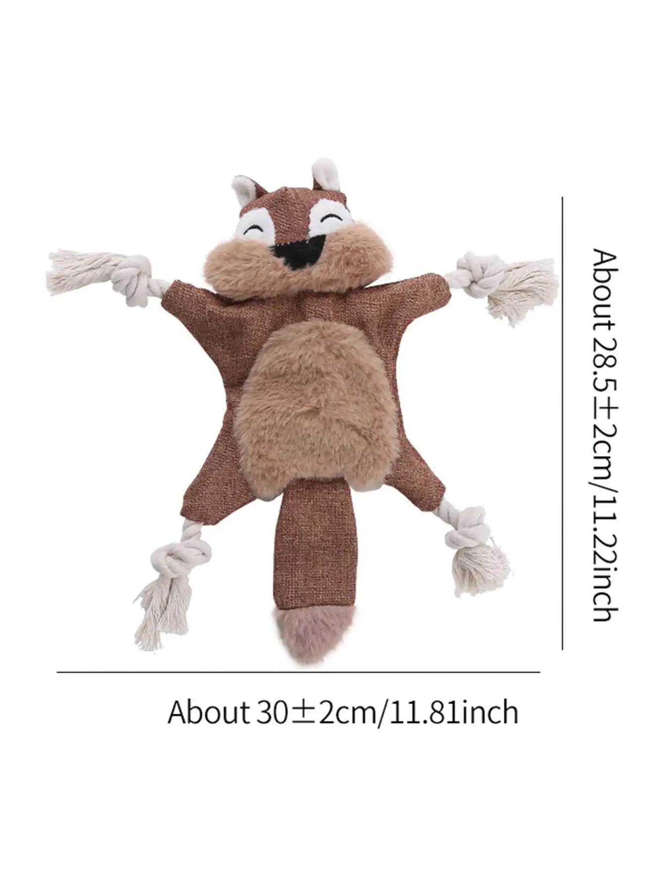 Squirrel-Shaped Dog Toy, Crinkle Sound, Braided Rope Ends