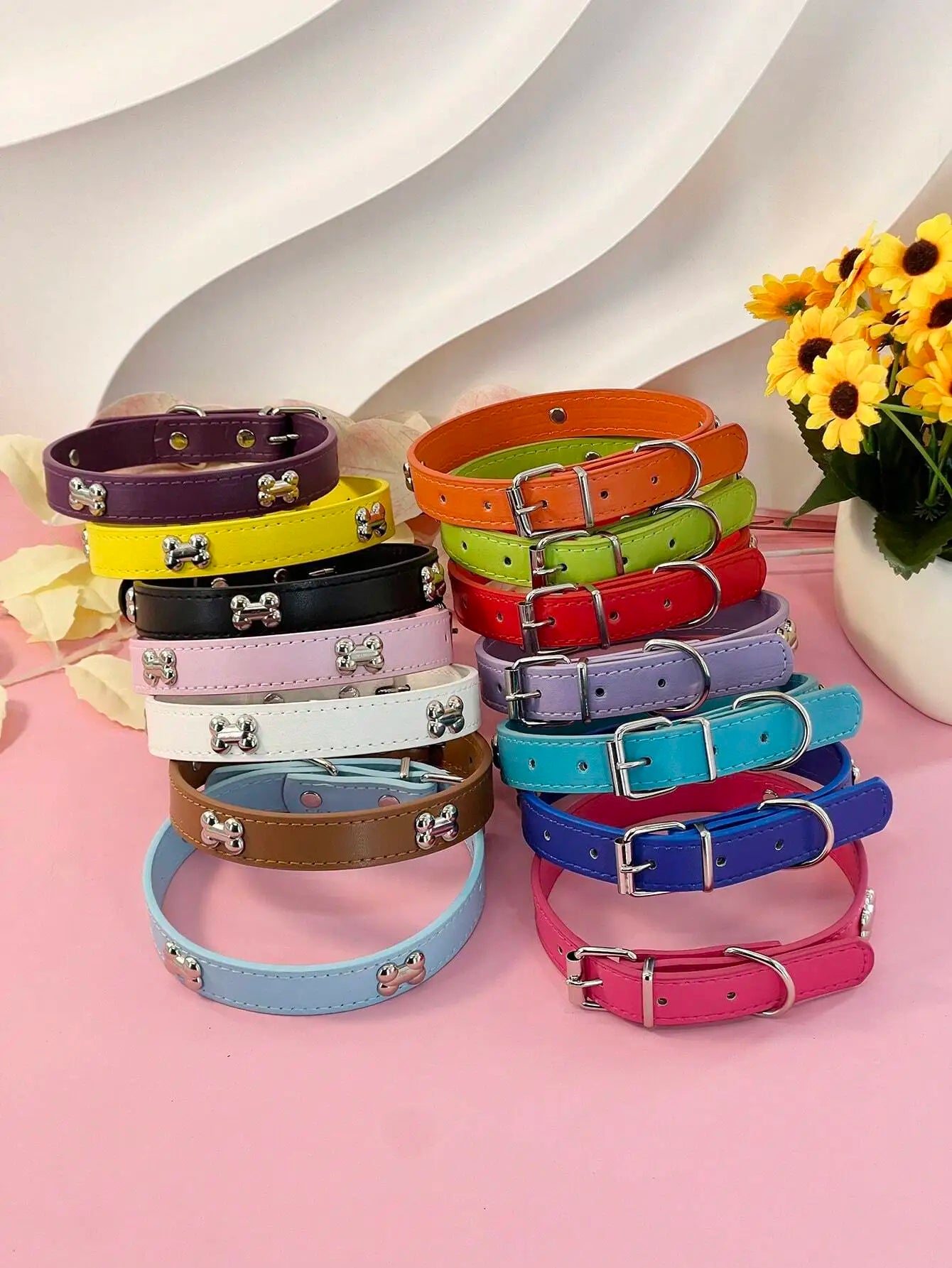 Pastel Pink Leather Collar, Bone Studs, Small to Large Dogs