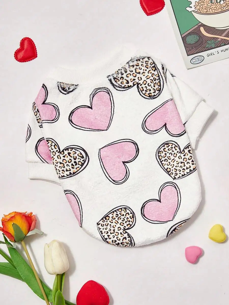 Heart Print Crew Neck Sweater for Dogs Cat
