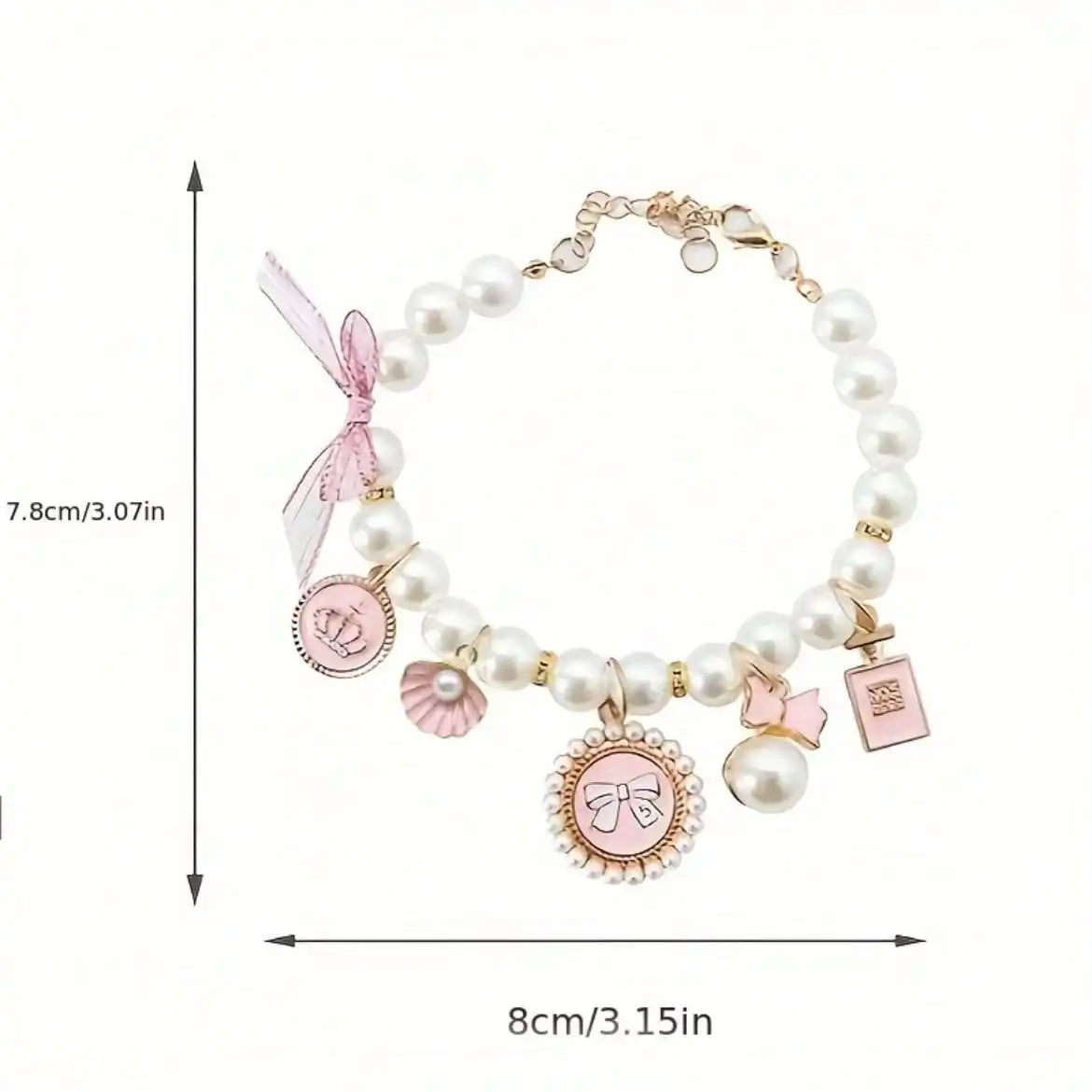 Pearl, Bow, Charm Necklace, Pink & Gold, for Dogs, Cats