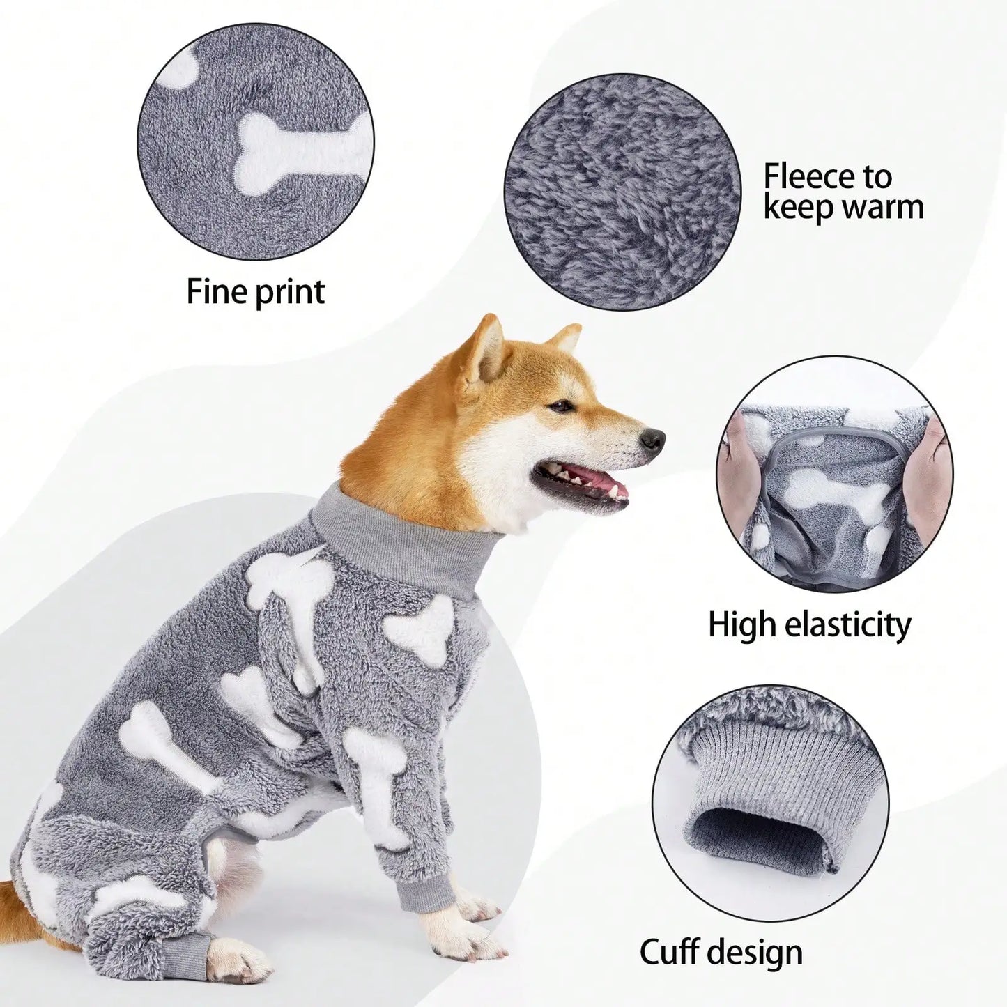 Fleece Dog Pajamas, Gray Bone Print, Small - Large Dogs