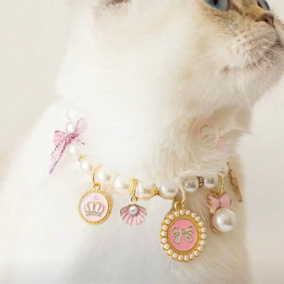 Pearl, Bow, Charm Necklace, Pink & Gold, for Dogs, Cats