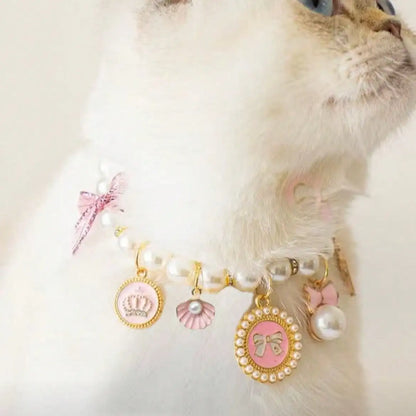 Pearl, Bow, Charm Necklace, Pink & Gold, for Dogs, Cats