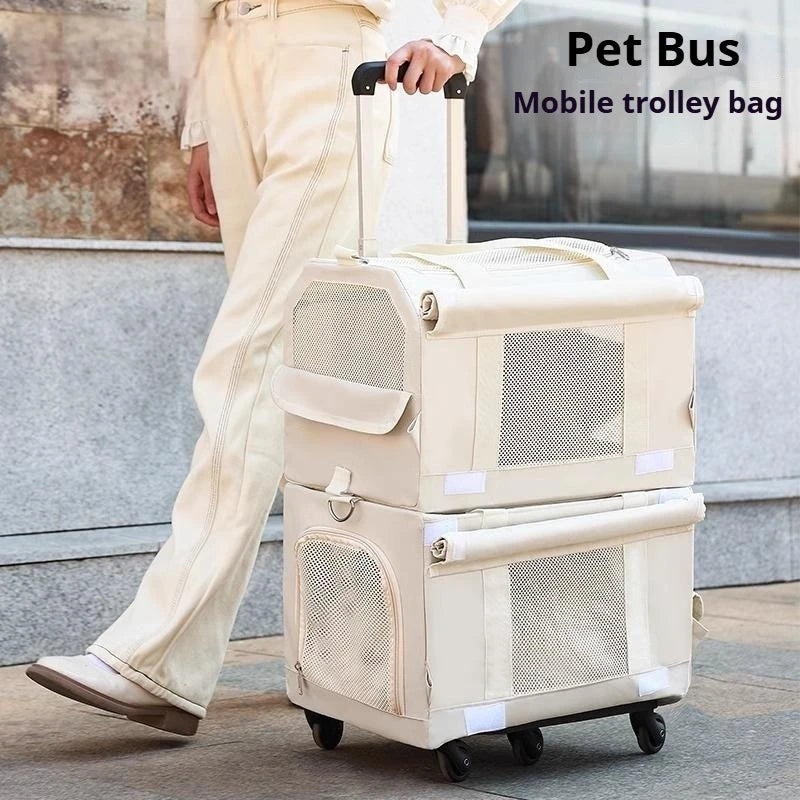 Double Layer Breathable Pet Carrier with Wheels Foldable