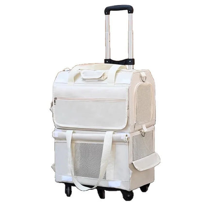 Double Layer Breathable Pet Carrier with Wheels Foldable