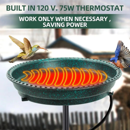 75W Heated Bird Bath with Thermostat, Deep Bowl & Metal Pole for All Seasons - Green