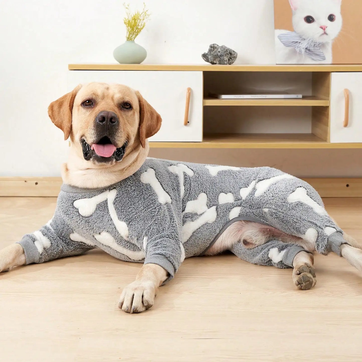 Fleece Dog Pajamas, Gray Bone Print, Small - Large Dogs