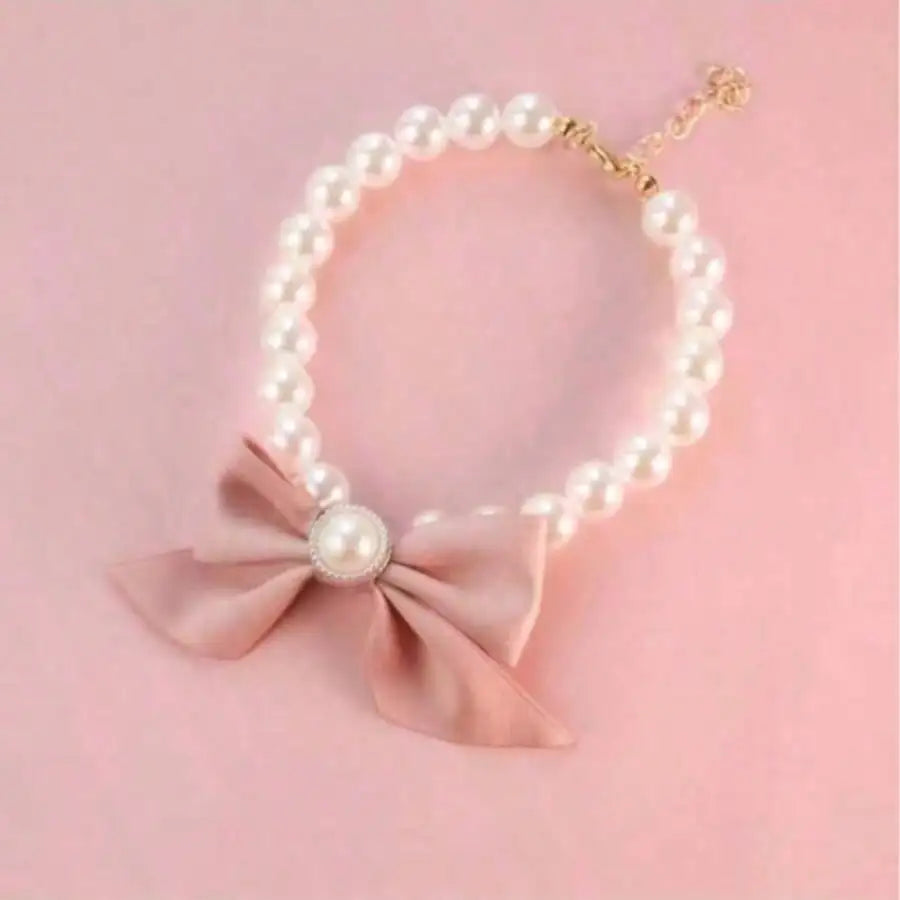 Pearl Bead Collar with Satin Bow Decor