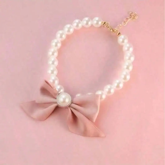 Pearl Bead Collar with Satin Bow Decor