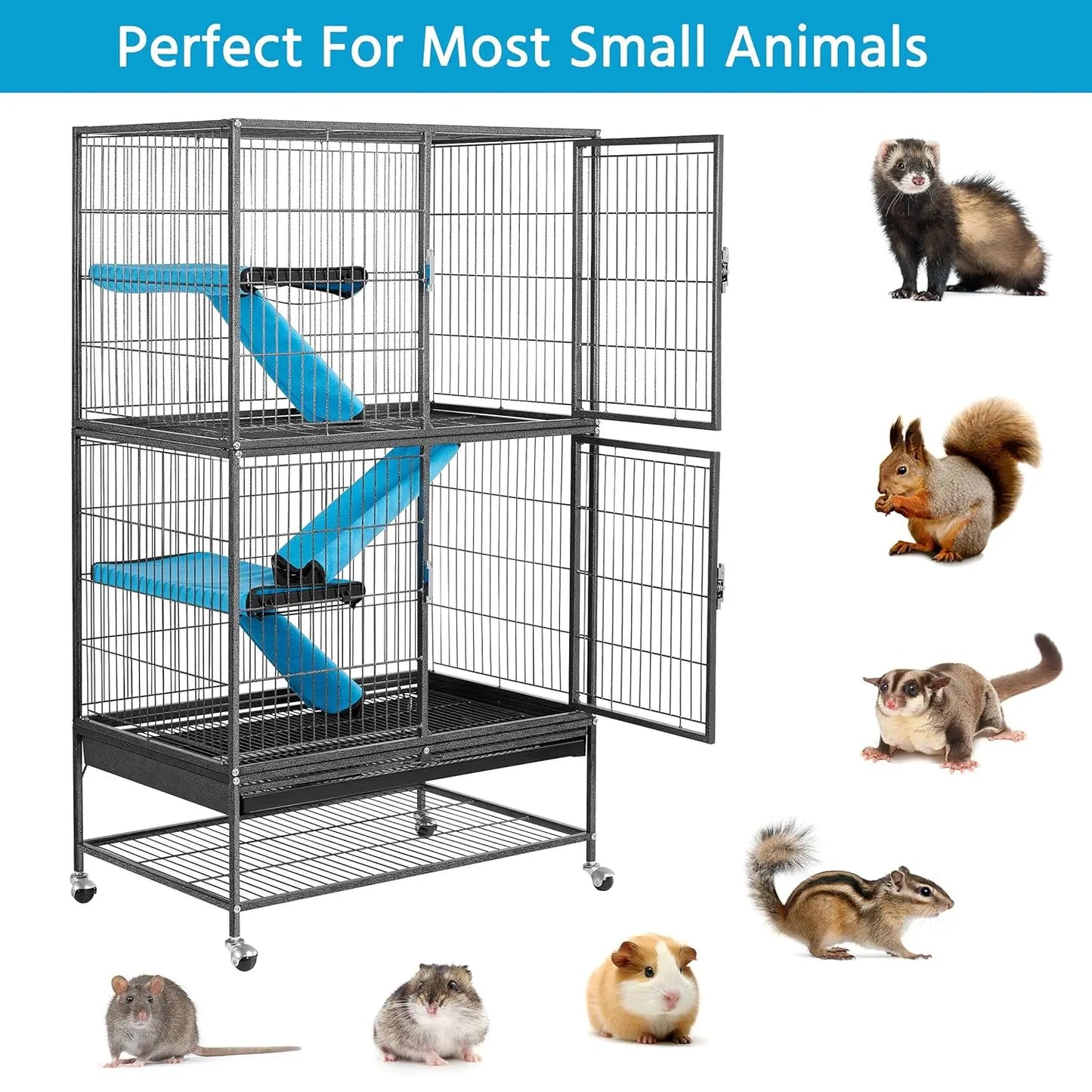 54'' Rolling Cage Large 4-Tiers, Chinchilla, Adult Rats, Guinea