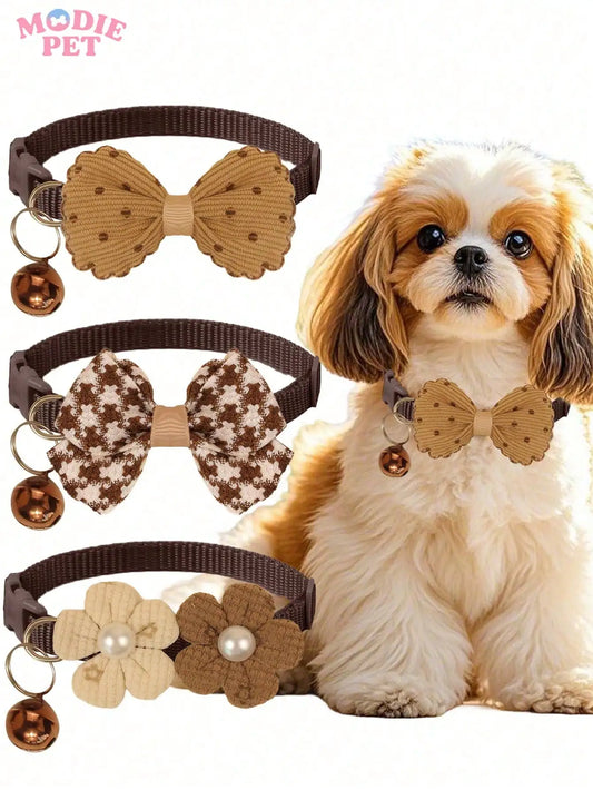 3-Pack Adjustable Collar, Bowknot & Bell, Small Dogs or Cats