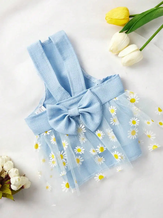 Blue Daisy Print Dress, Bow Tie,  Tulle Skirt