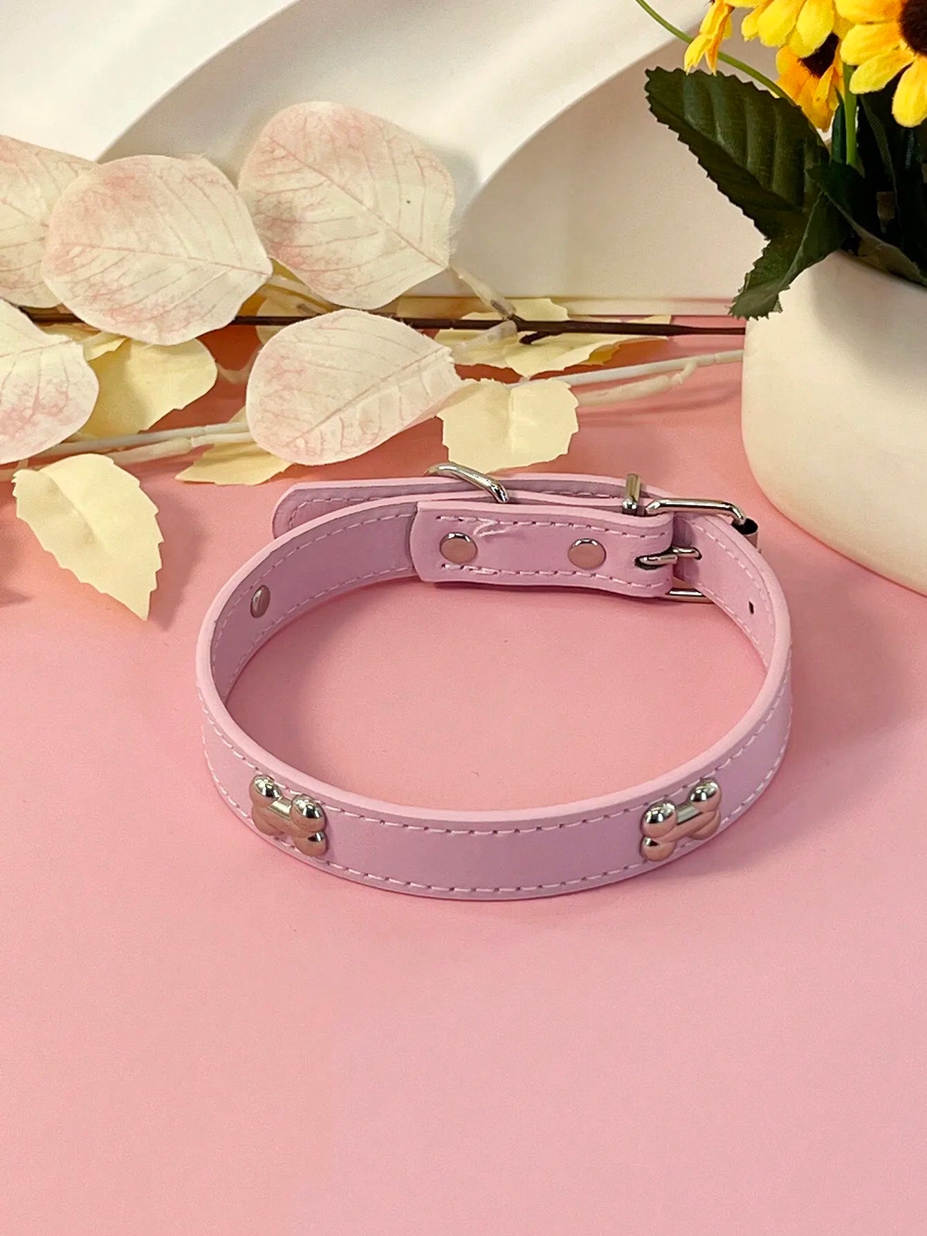 Pastel Pink Leather Collar, Bone Studs, Small to Large Dogs