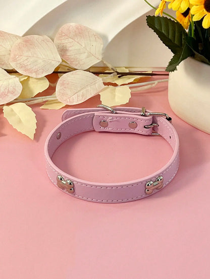 Pastel Pink Leather Collar, Bone Studs, Small to Large Dogs