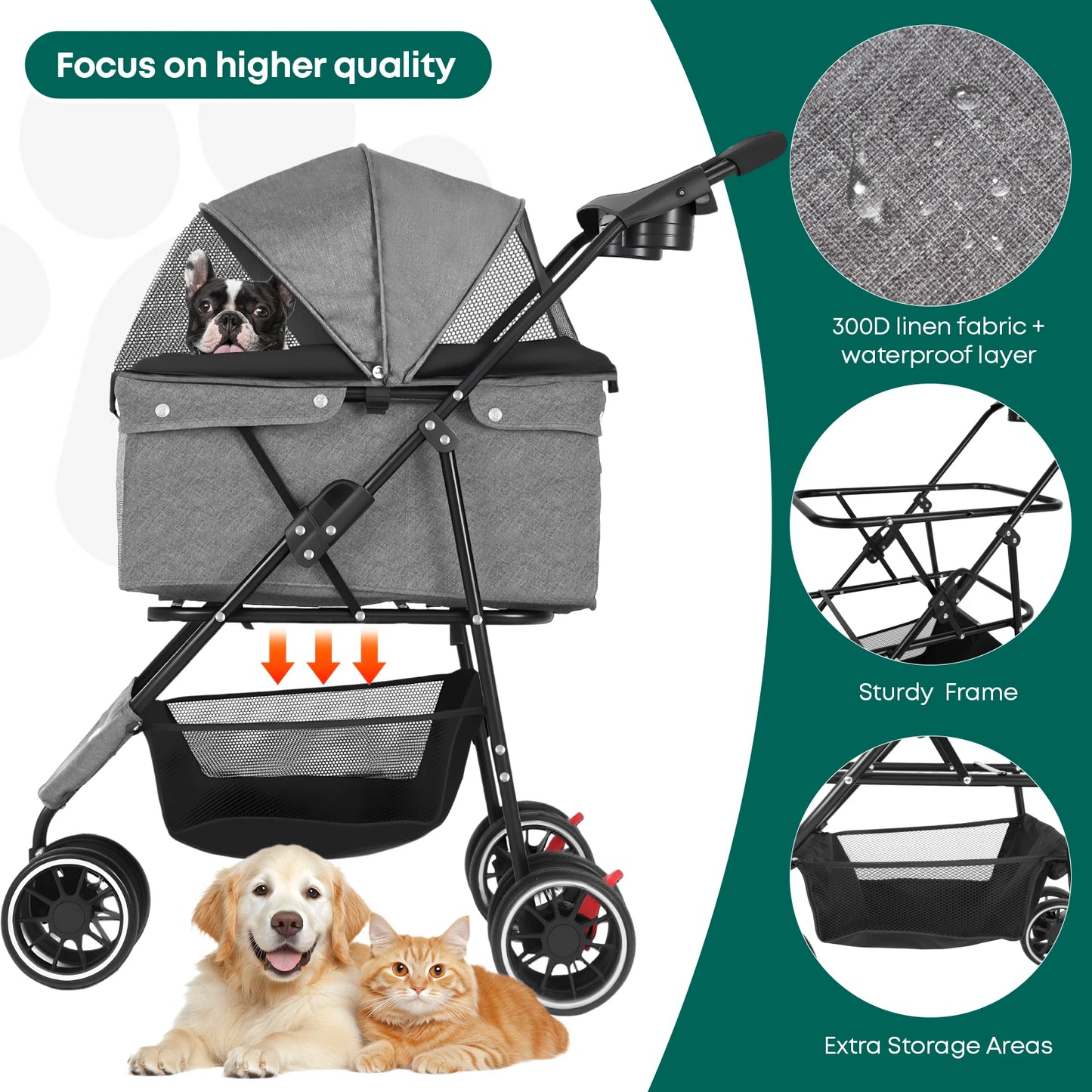 Portable Dog- Cat Stroller, 3 Wheels, Foldable