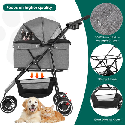 Portable Dog- Cat Stroller, 3 Wheels, Foldable