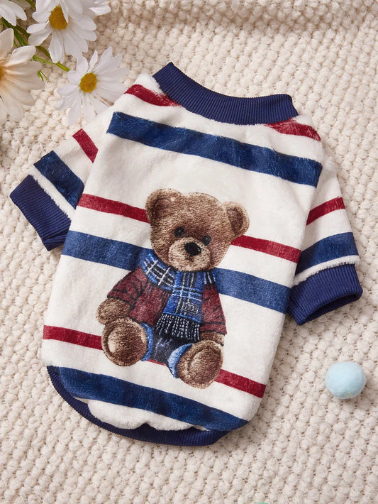 Striped Sweatshirt, Bear Graphic, Warm Winter