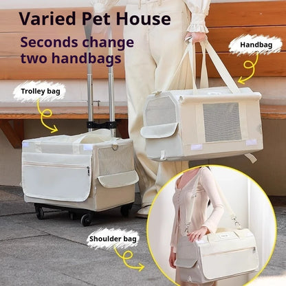 Double Layer Breathable Pet Carrier with Wheels Foldable