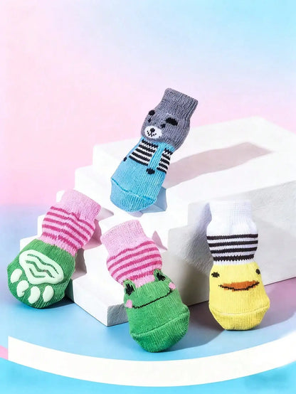 4-Pack, Animal-Print Socks, Non-Slip,  Small Dogs